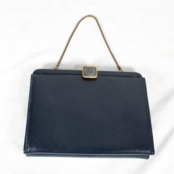 Vintage 1950s Navy Faux Leather Handbag with Art Deco Latch & Metal Chain - Picture 2 of 16